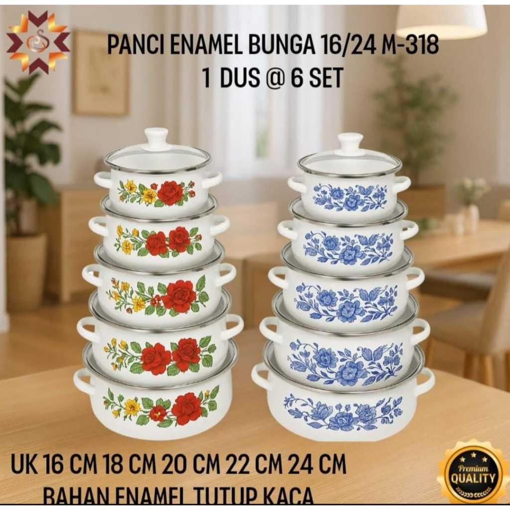 Cookware Set - Panci Set Enamel Kembang Susun 10pcs / Panci Susun 5 Enamel Tutup Kaca / Panci Reona