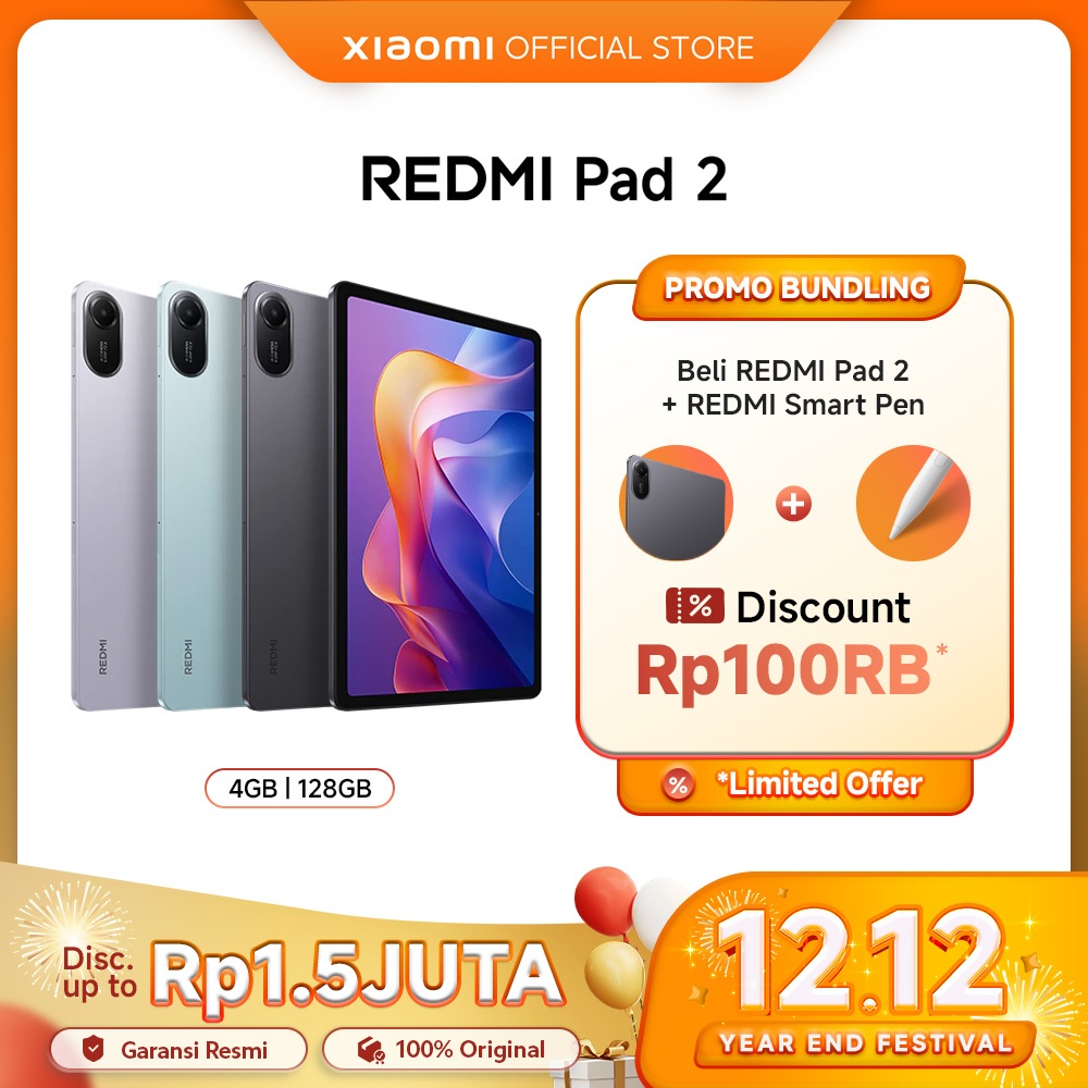 Xiaomi Redmi Pad 2 (4/128G) | 11" 2.5 Layar Super-jernih | Baterai jumbo 9000mAh (typ) | Helio G100-
