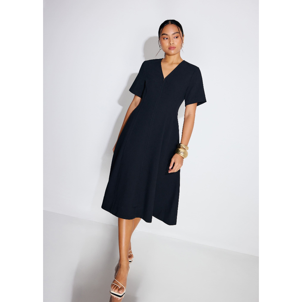 Love Bonito - Dress Wanita - Sofi V-neck Short Sleeve Fit & Flare Midaxi Dress - Black