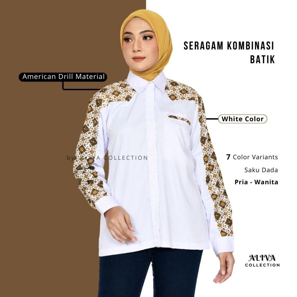 ALIVA Kemeja Batik Wanita/Baju Batik Wanita/Atasan Wanita Kombinasi Batik/Seragam Karyawan