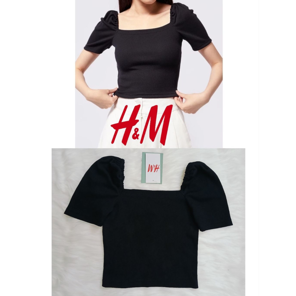 Atasan Kaos H&M Wanita Puff Sleeves Ribbed Top Atasan H&M Wanita Kaos Wanita
