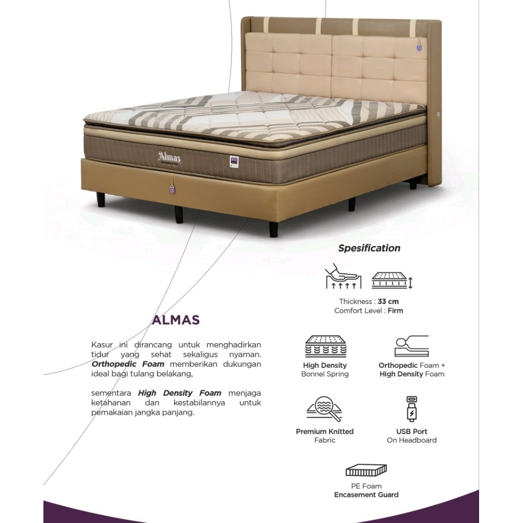 SPRINGBED MERK ANGEL TYPE ALMAS tebal kasur 33cm, UKURAN 100,120,160,180 X 200CM , SET , HANYA KEPAL