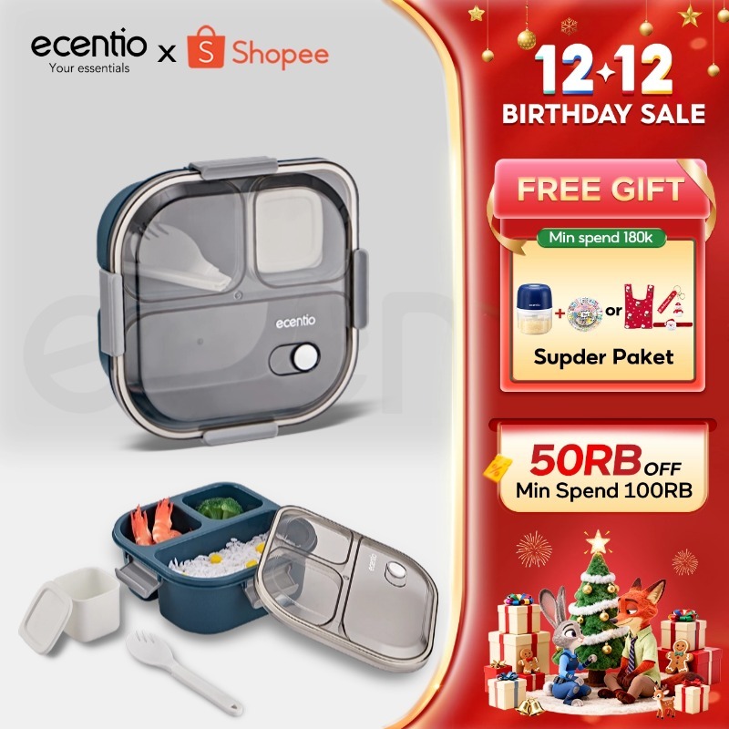 ecentio kotak makan anti tumpah lunch box 3 grid 1100ml tempat makan kotak sup 100ml Free Sendok lun