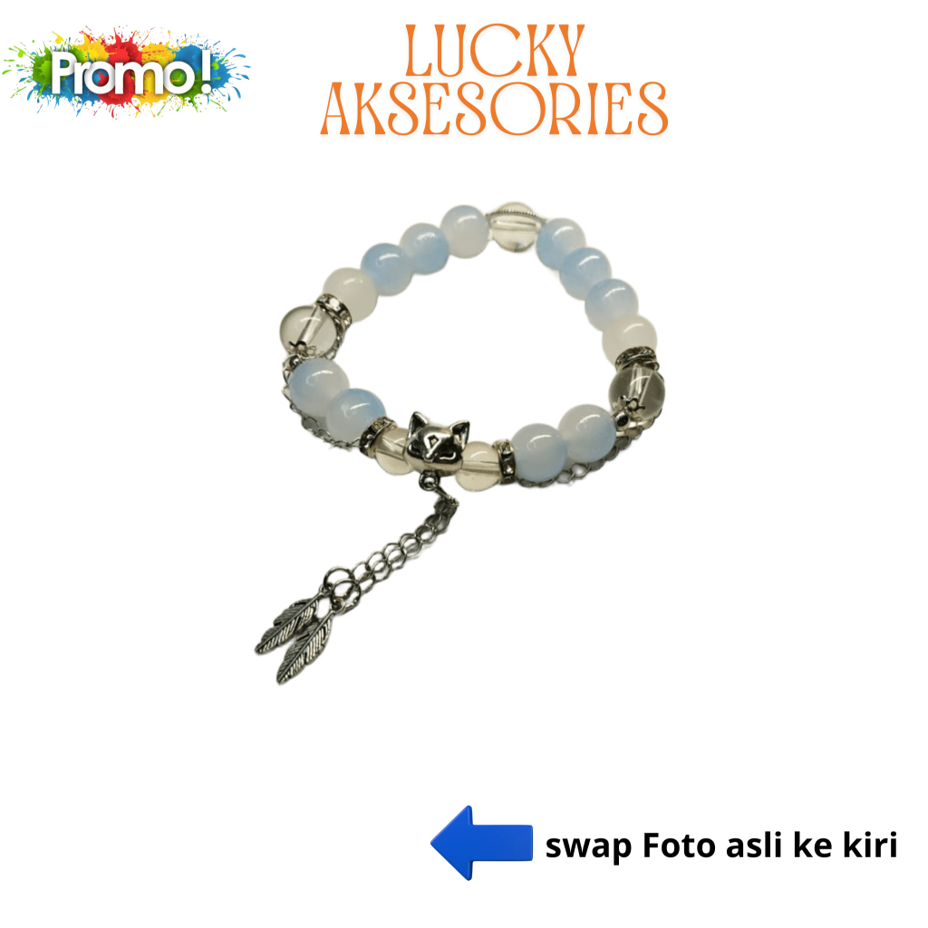 Gelang manik-manik kristal biru dengan liontin kucing kecil