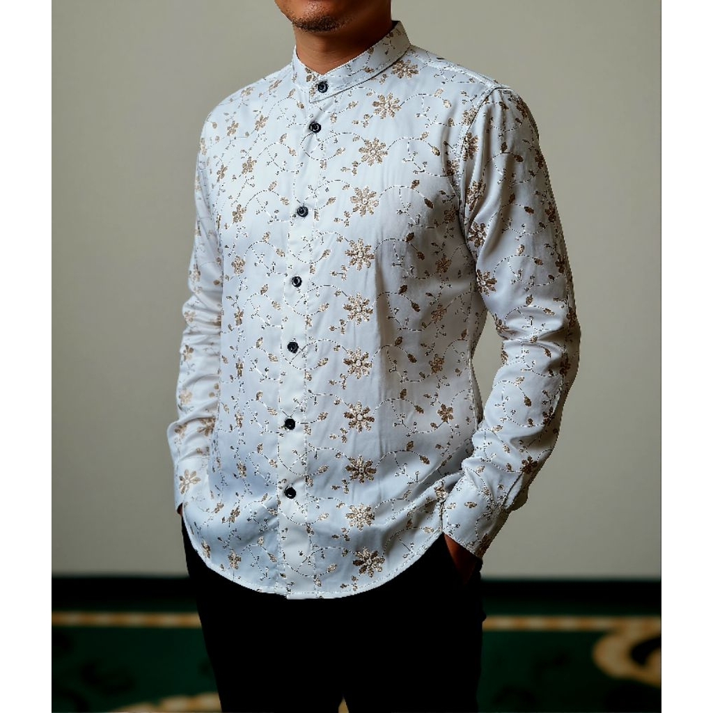 ASB Kemeja Pria Lengan Panjang Kerah Shanghai Putih Bordir Emas Slim Baju Koko Modern Kemko Shoba