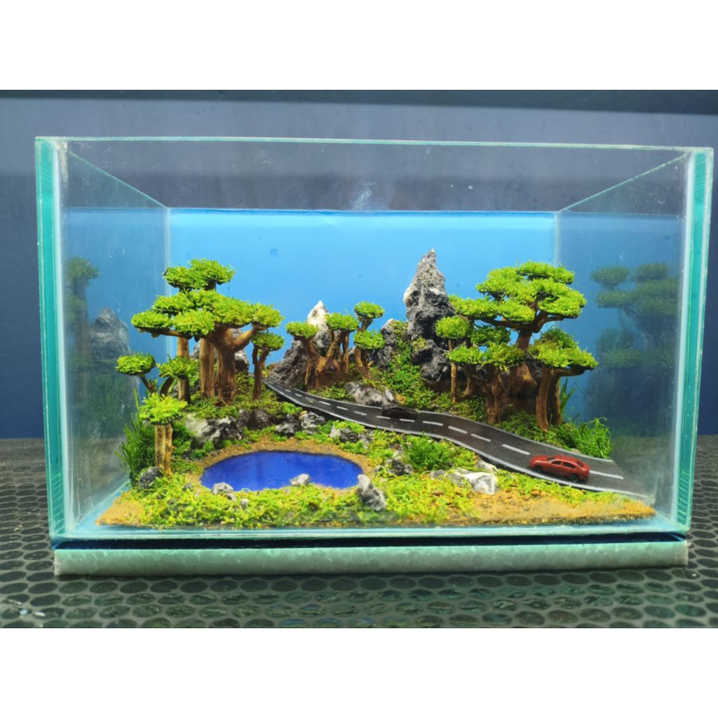 aquascape ukuran 25x15x15cm fullset tema danau biru pegunungan gratis exstra packing kayu bable warp