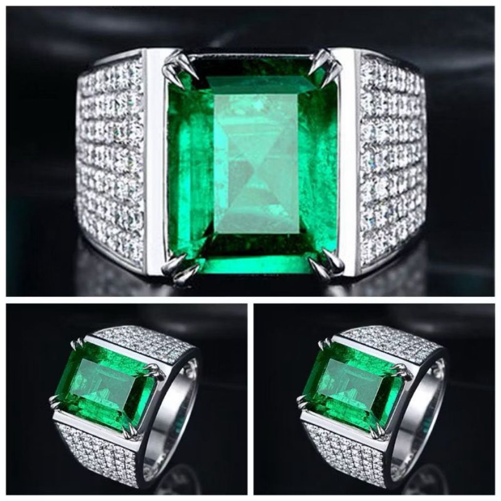 Cincin Emerald Asli Chatam Perak Pria Full Zirkon