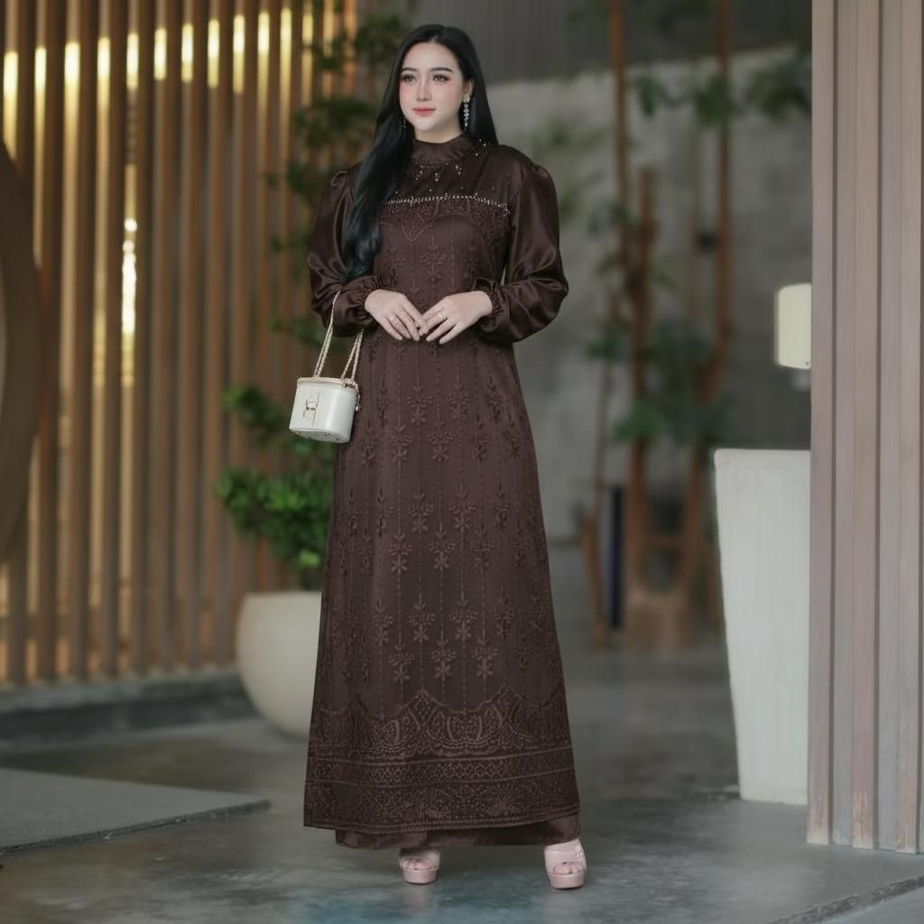 RIANTI DRESS Gaun Kondangan Bridesmaid Wanita Muslim Dewasa Bahan Velvet Mix Brukat Apk Payet Mewah