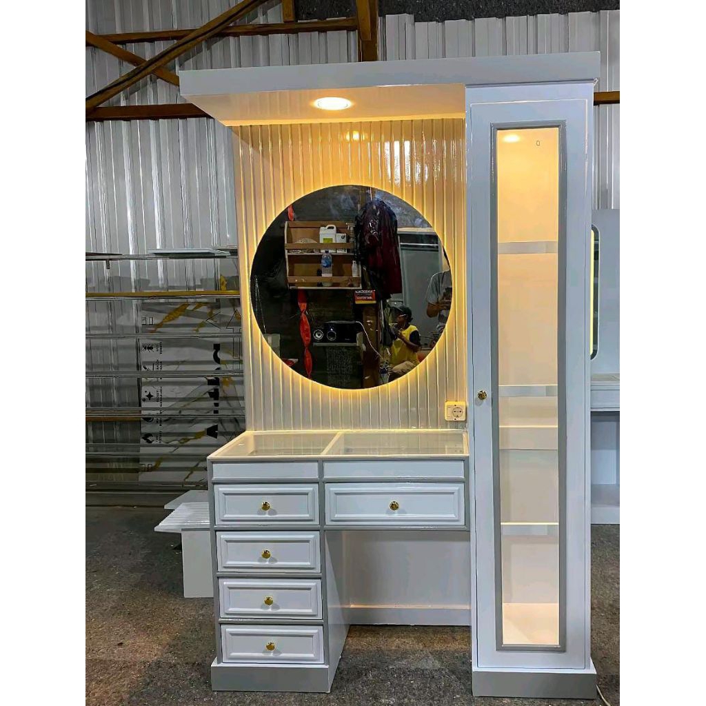 meja rias estetik kaca bulat full lampu