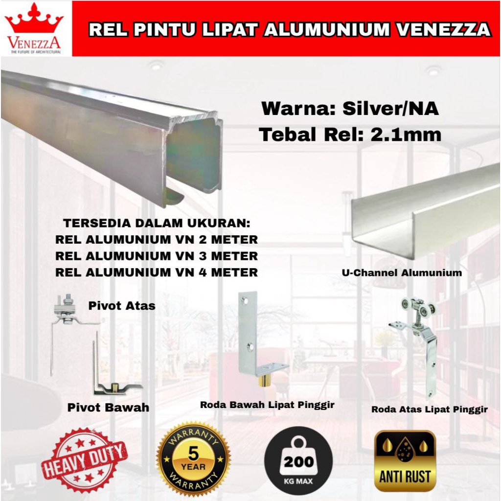 Paket Rel Folding Door/Pintu Lipat Sliding Aluminium Gantung VENEZZA Silver 3 Meter