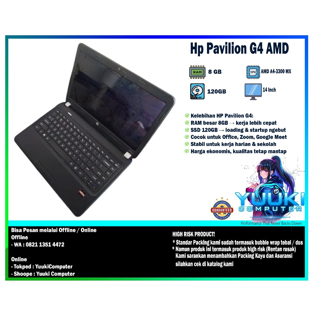 HP Pavilion G4 AMD A4-3300MX – RAM 8GB – SSD 120GB