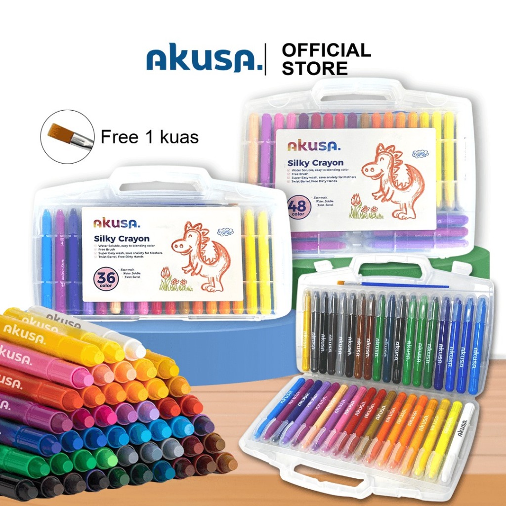 AKUSA Silky Crayon Lukis 12/24/36/48 Warna Krayon Water Soluble Warna Cerah Tidak Mengotori Tangan F