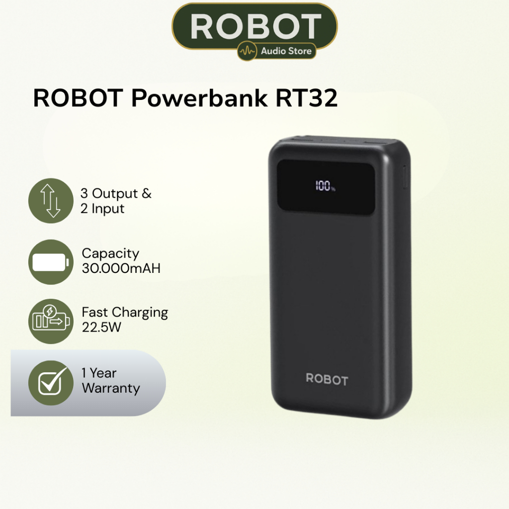 ROBOT Powerbank Fast Charging RT32 30000 mAh Powerbank Iphone 22.5W 3 Port USB Type C LED Indicator 