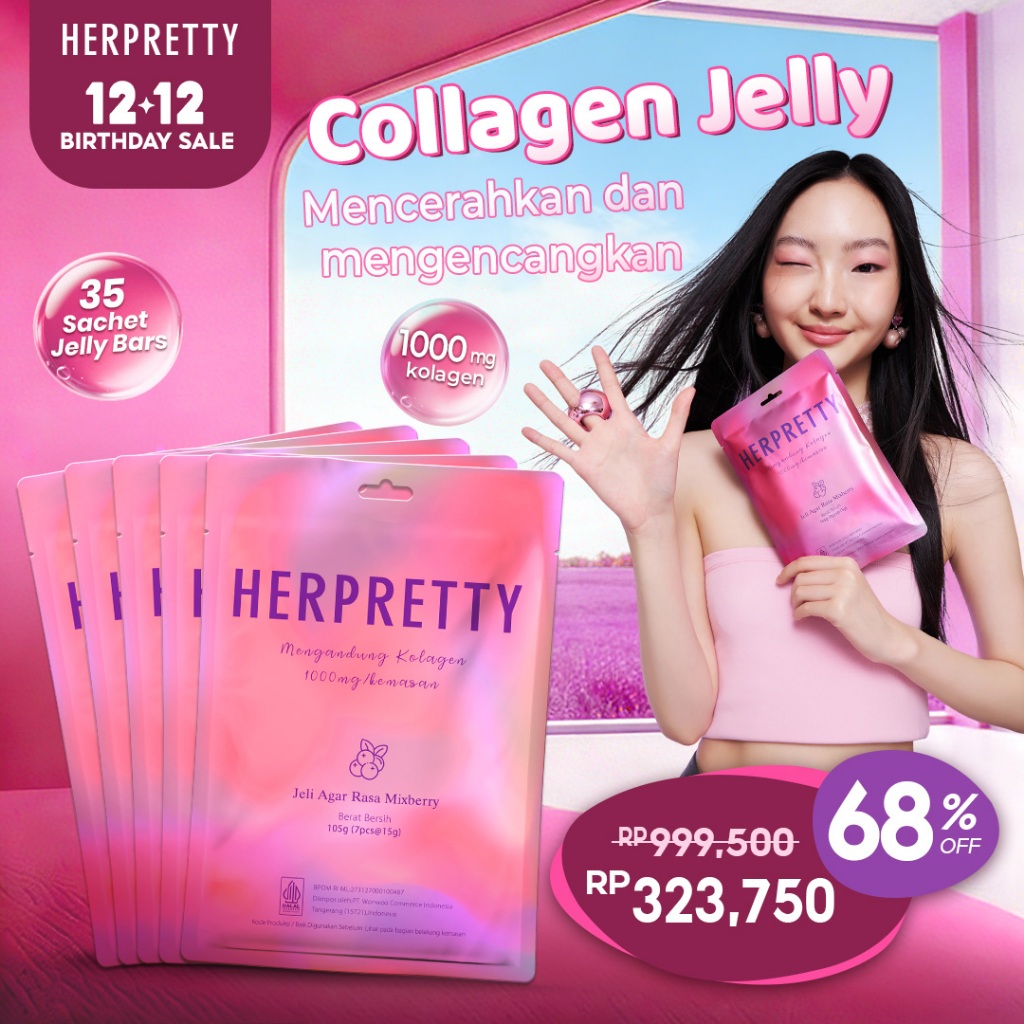 5 Pouch HerPretty Collagen Pink White Jelly Agar Rasa Mixberry - Suplemen dengan 1000mg Peptide Kola