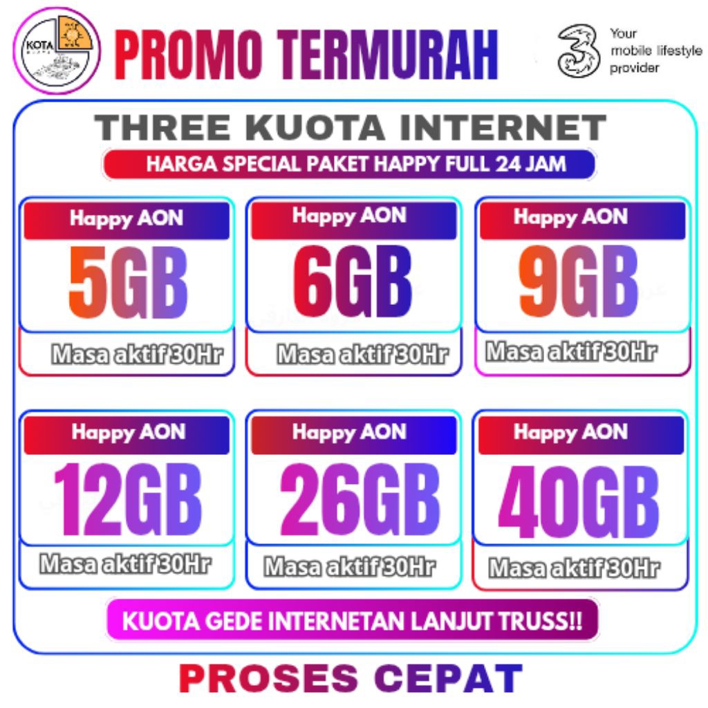 Kuota Data isi ulang Tri 3 Tree Aon 2,5GB 3,5GB 4GB 5GB 6GB 9GB 12GB 26GB 40GB Unlimited nasional be