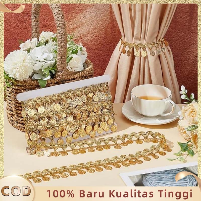 10 Yard India Dance Lace Renda Pita Koin Emas Renda Meteran Full Roll Warna Gold Renda India Lace Ta