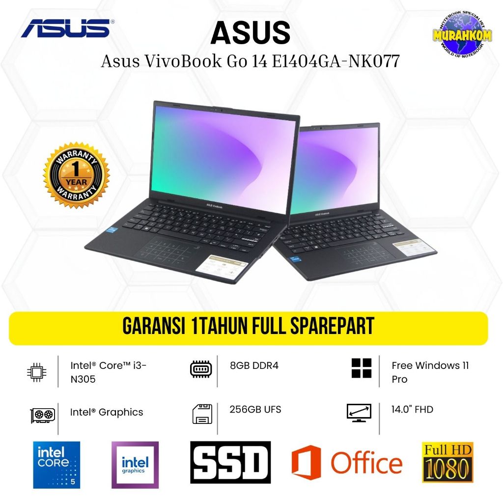 Laptop Hemat Daya & Kencang Asus VivoBook Go 14 E1404GA-NK077 i3-N305, 8GB, 256GB