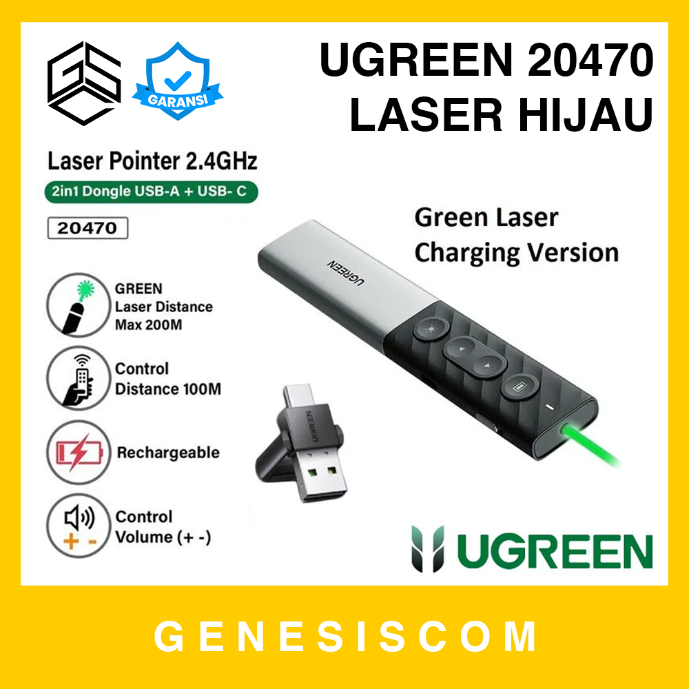 UGREEN 20470 Presenter Laser Pointer Hijau USB A + Type C Wireless Charging Charge Cas Recharge Volu