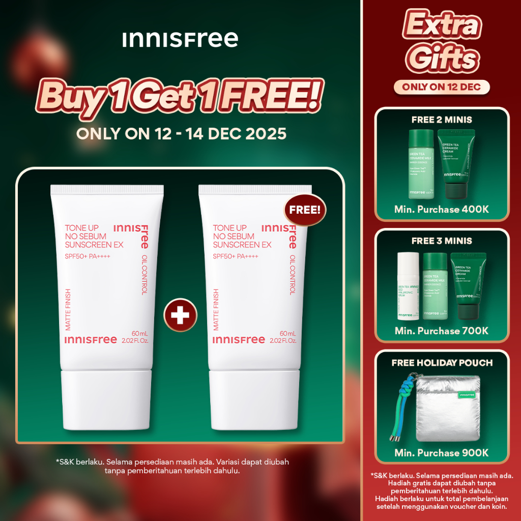 [12.12 Special] Buy 1 Get 1 Innisfree Tone Up No Sebum Sunscreen EX SPF 50+ PA++++ 60ml