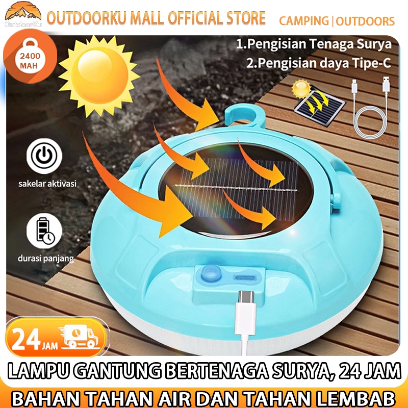 OutdoorKu Lampu gantung bertenaga surya 24 jam 500W/1000W Lampu Gantung LED Solar Panel Camping Lamp