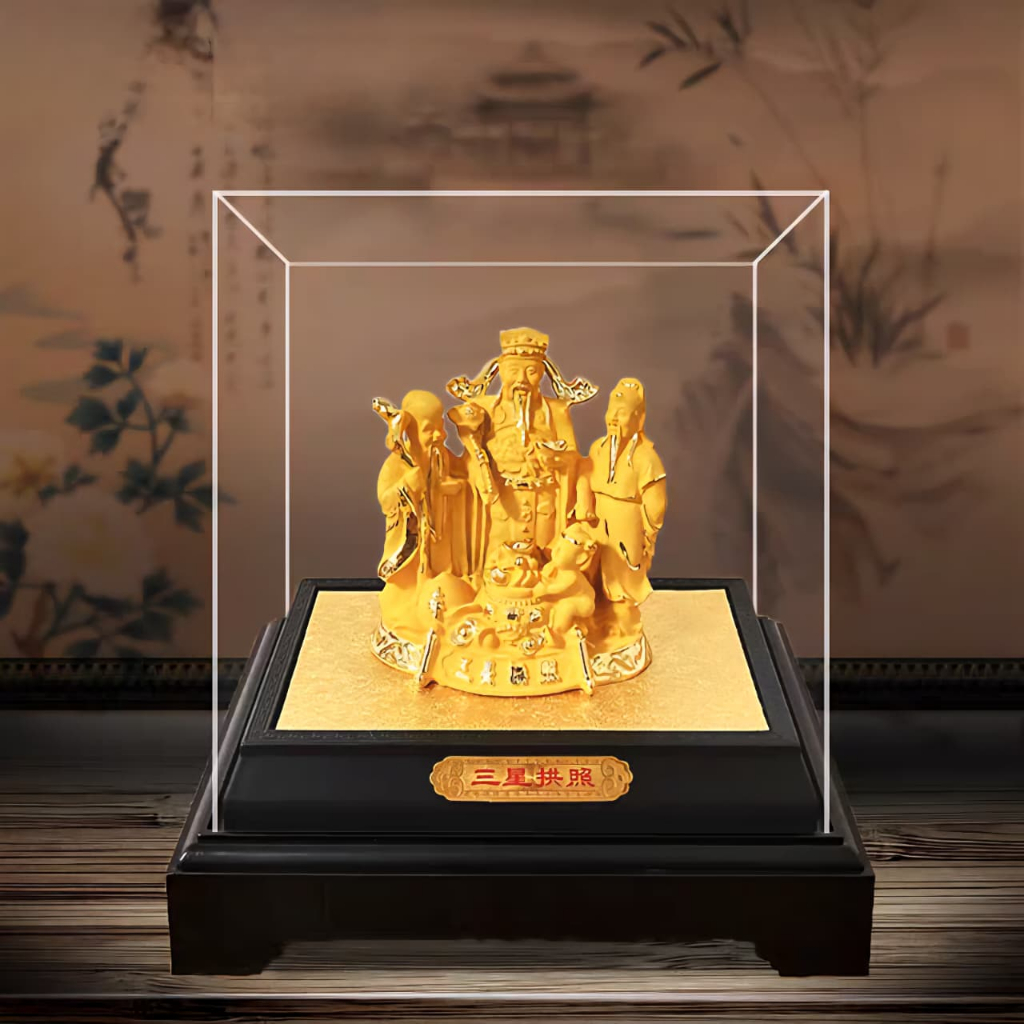 Patung Fu Lu So Box Kaca Akrilik Kado Souvenir Imlek Murah Patung Emas Golden Dekorasi Pajangan Emas