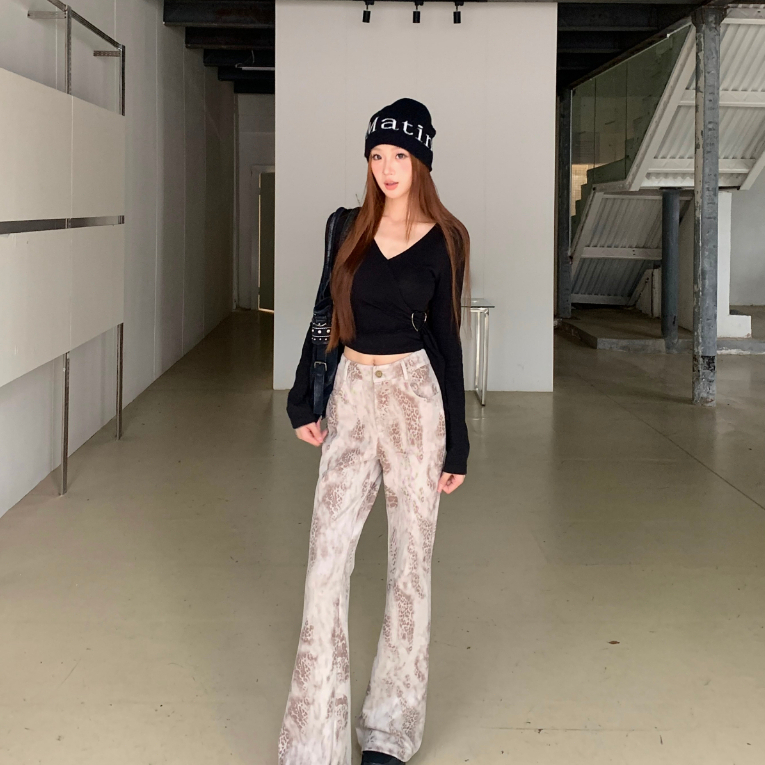 Celana Motif Macan Tutul Celana Vintage Wanita Celana Jeans Panjang Kulot Baggy Pants Celana Casual 