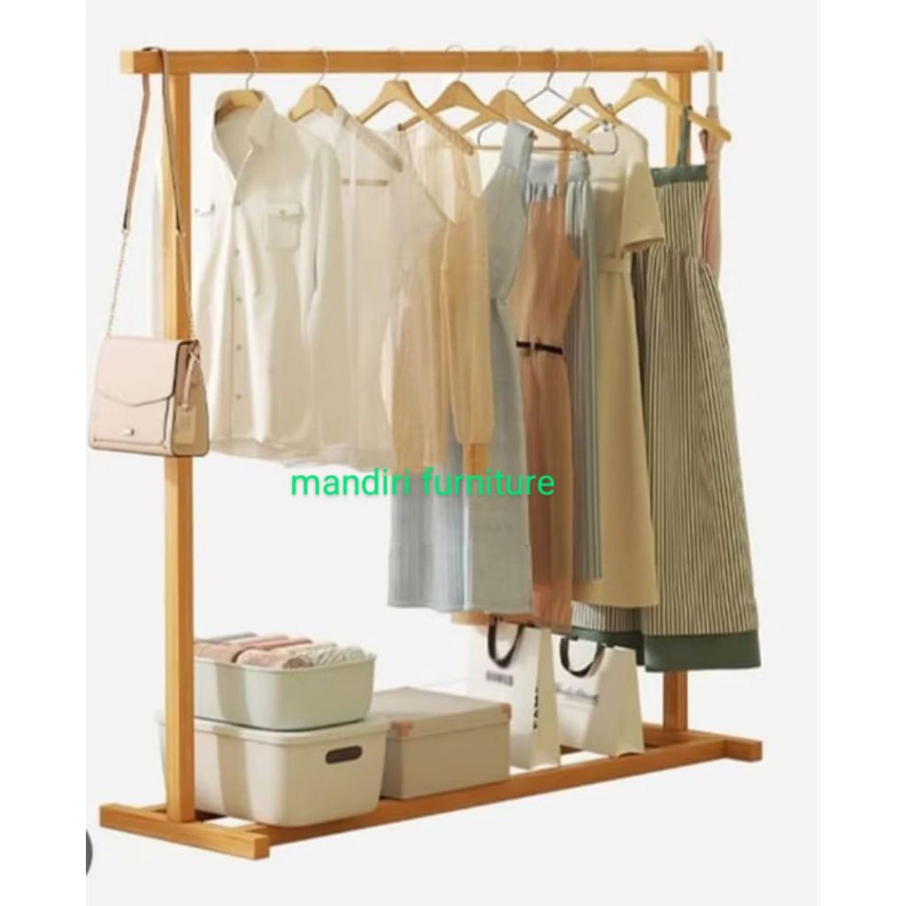gantungan baju berdiri stand henger kayu