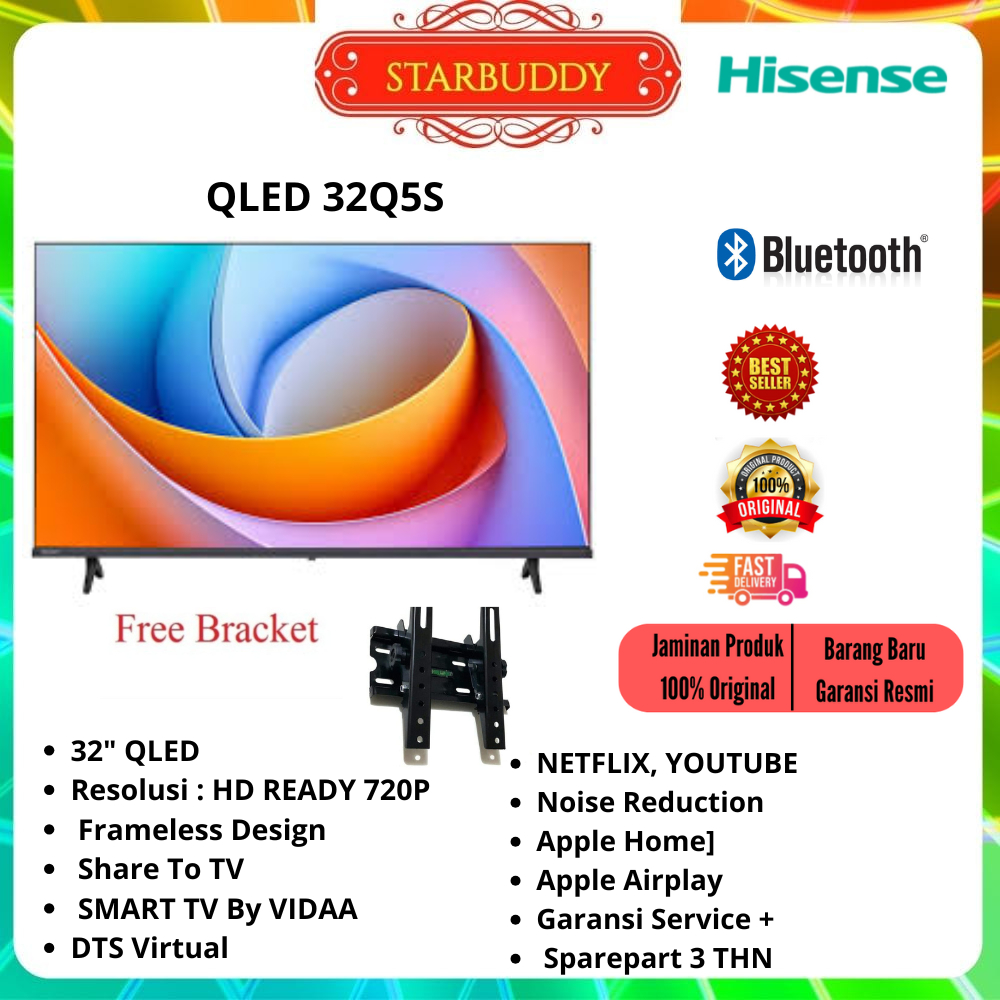 HISENSE QLED TV 32Q5S 32"SMART TV VIDAA FREE BRACKET TV