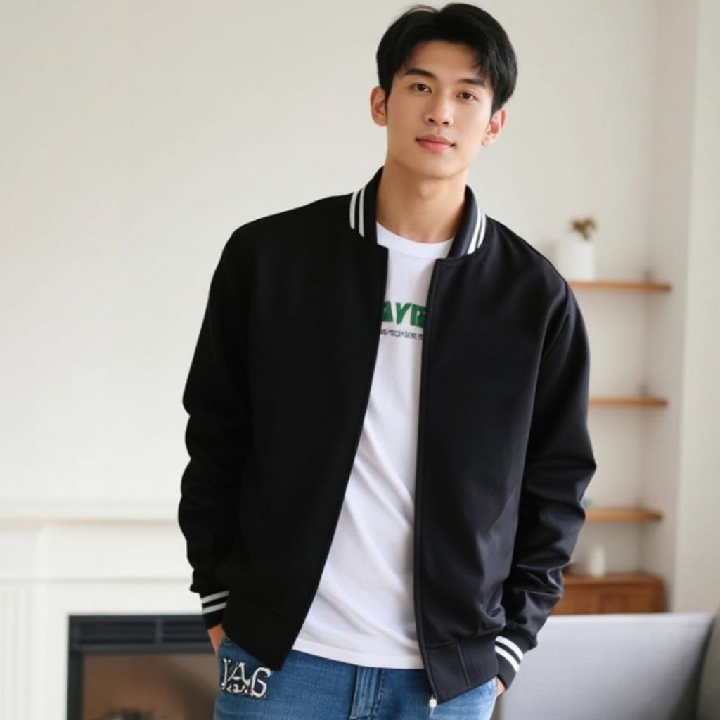 Jaket Baseball Zipper Kerah Jaket Bomber Varsity Bahan Flecee Varsity Unisex Premium