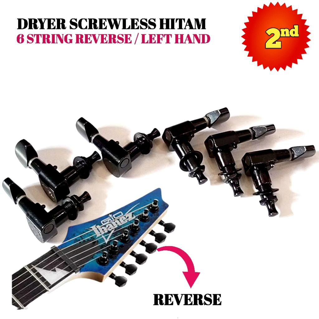 Dryer Gitar Tuning Pegs Gitar Ibanez Screwless Hitam Reverse Left Hand