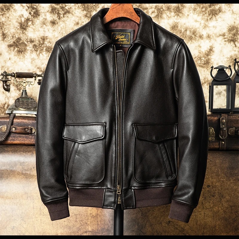 Jaket Kulit Bomber Pria Klasik - Model A-2 Vintage (Cokelat Tua) Kulit Premium