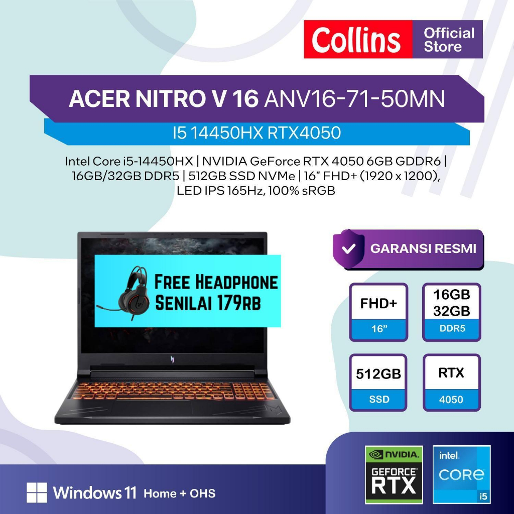 ACER NITRO V 16 I5 14450HX RTX4050 6GB - 16GB 512GB W11+OHS 16.0WUXGA 165HZ BLK - 71.50MN