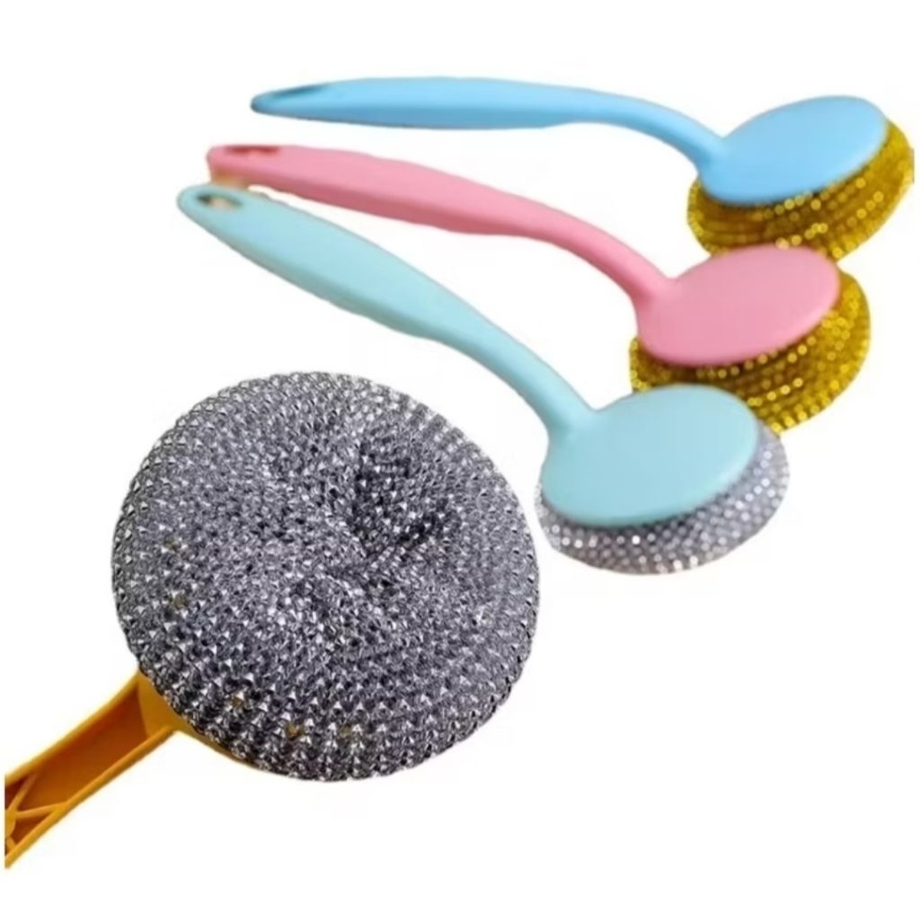 Sikat Sabut Jala Cuci Piring dengan Gagang Panjang / Sabut Stainless Kawat Cuci Panci Bergagang