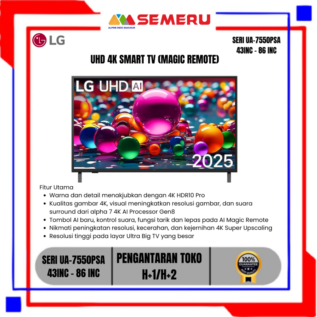 LG UHD 4K SMART TV MAGIC REMOTE AI 2025 43 INC 43UA-7550PSA / 50 INC 50UA-7550PSA / 55 INC 55UA-7550