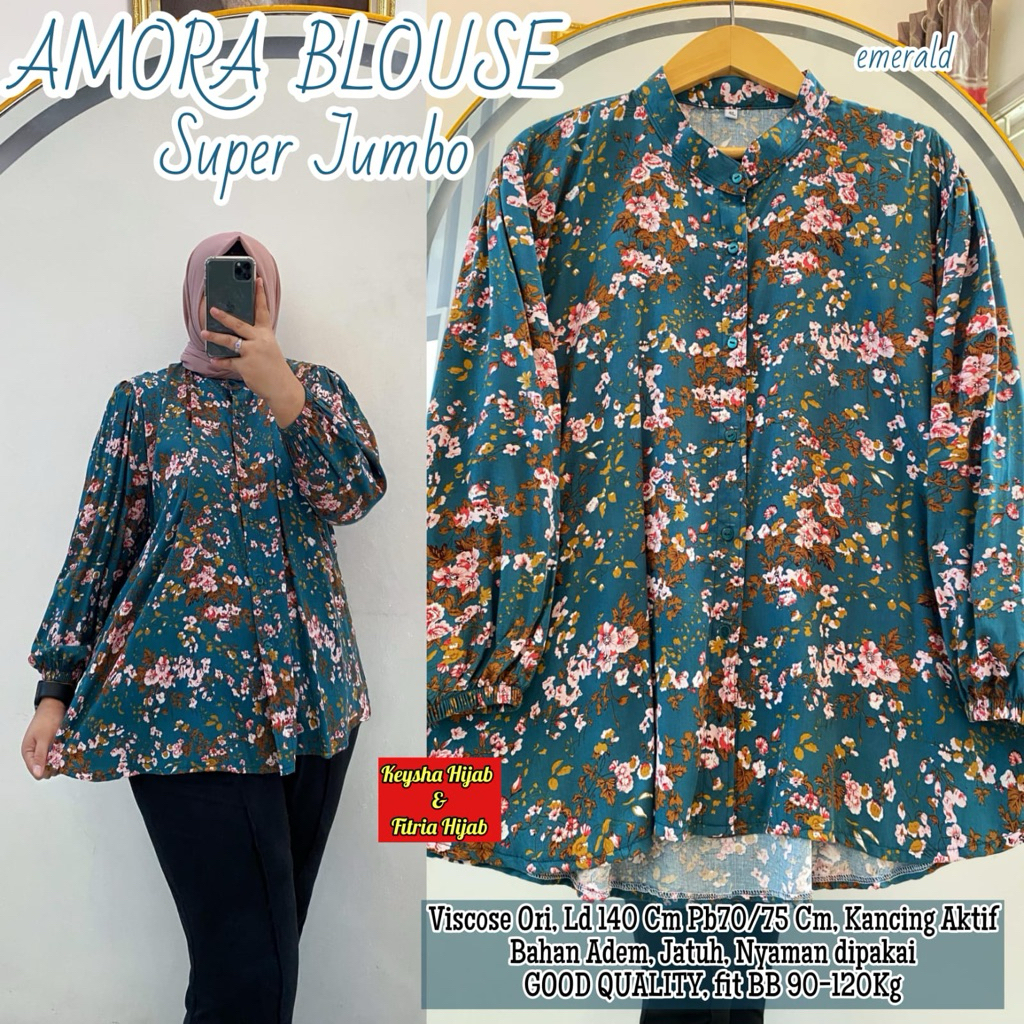 Amora blouse super jumbo LD140 motif bunga bahan Viscose Ori muat BB 90-120kg fi to 4L