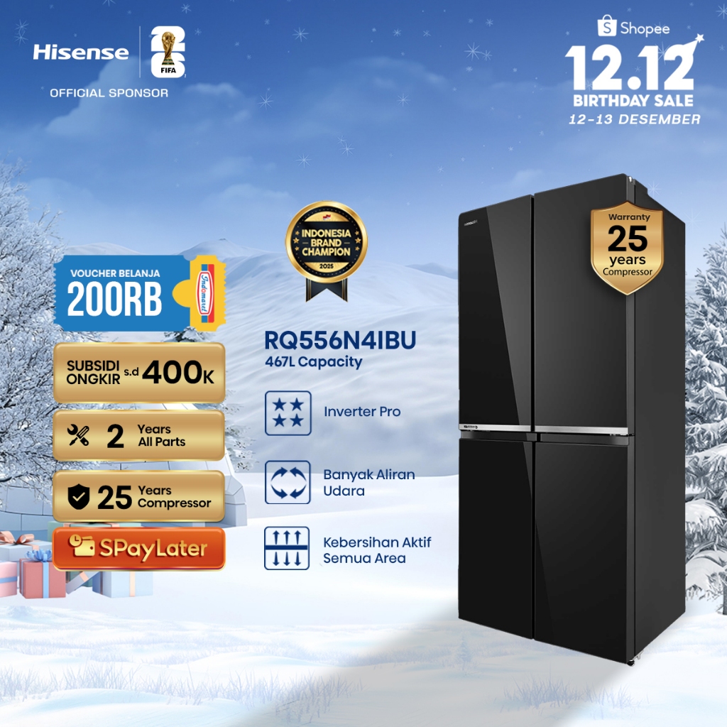 Hisense Kulkas RQ556N4IBU Refrigerator 4 Pintu Kapasitas 467L Warna Hitam Inverter Pro 360 Derajat M