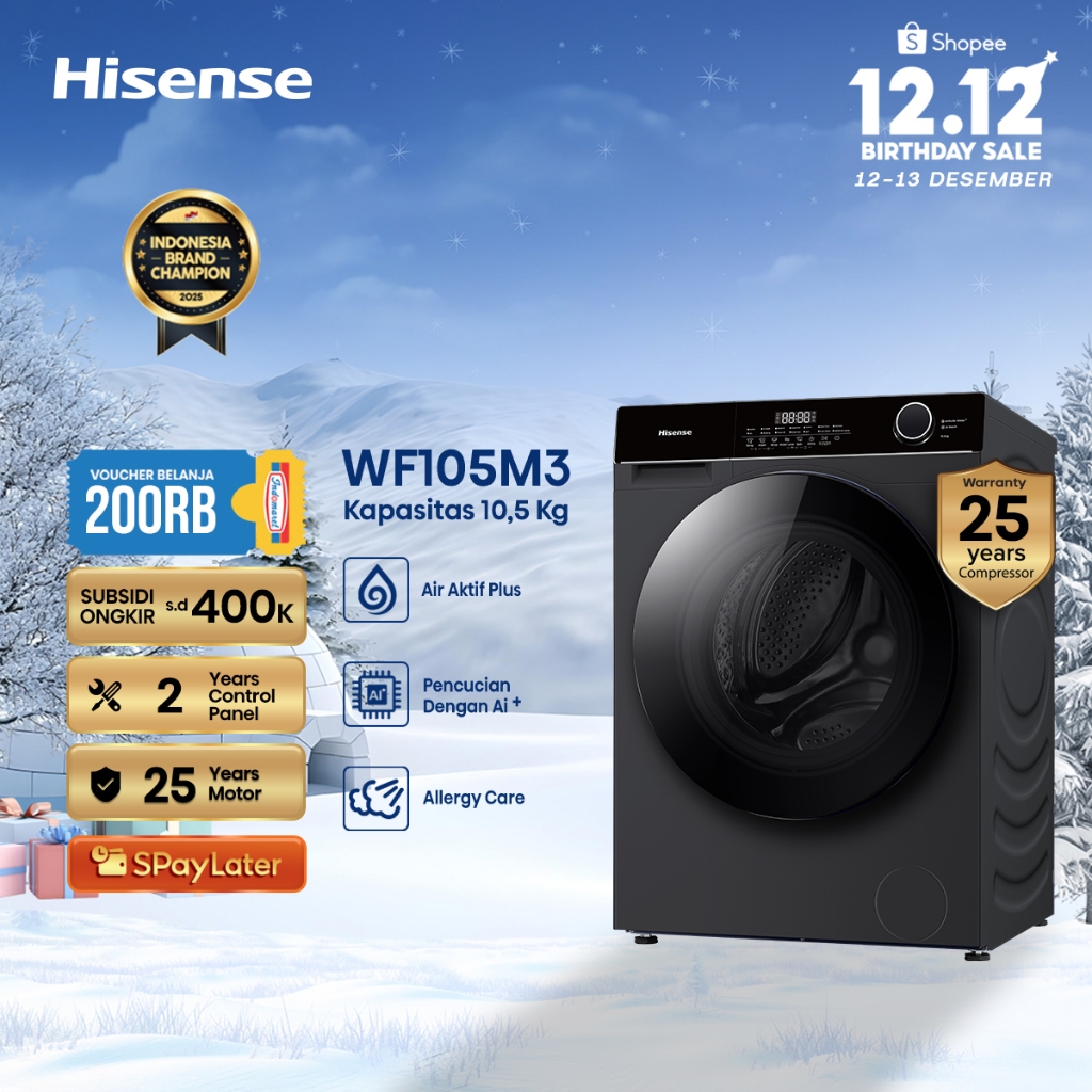 Hisense Mesin Cuci WF105M3 Front Loading Kapasitas 10.5KG 1 Tabung Bukaan Depan Active Water Plus AI