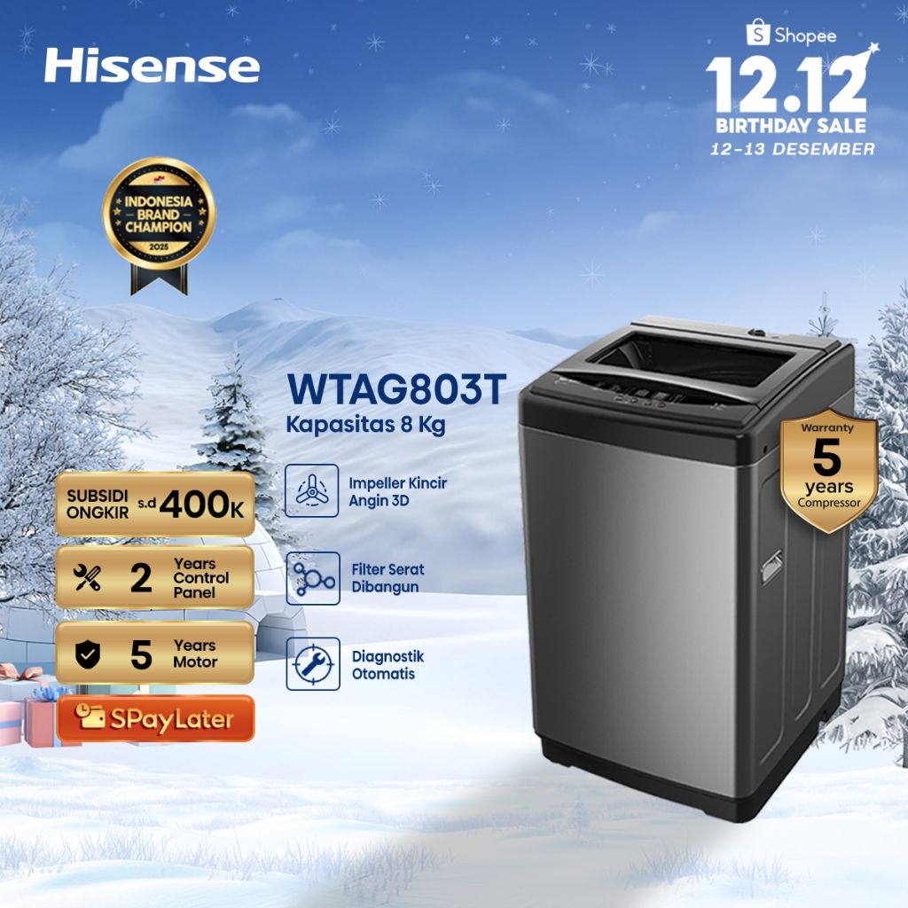 Hisense Mesin Cuci WTAG803T Top Loading Kapasitas 8KG 1 Tabung Bukaan Atas 3D Impeller Kincir Angin 