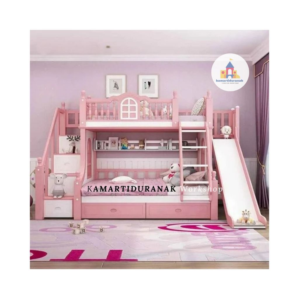 Ranjang Anak Tingkat Kayu Mahoni Duco 210x140x200cm | Bunk Bed Pink Custom
