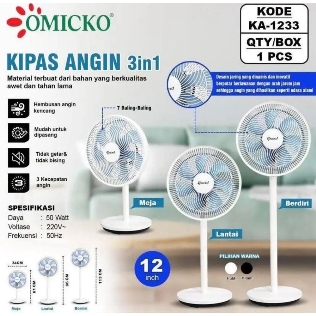 OMICKO KA-1233 Kipas Angin 3in1 Berdiri,Meja Dan Lantai 12" inchi Baling Plastik 50 Watt