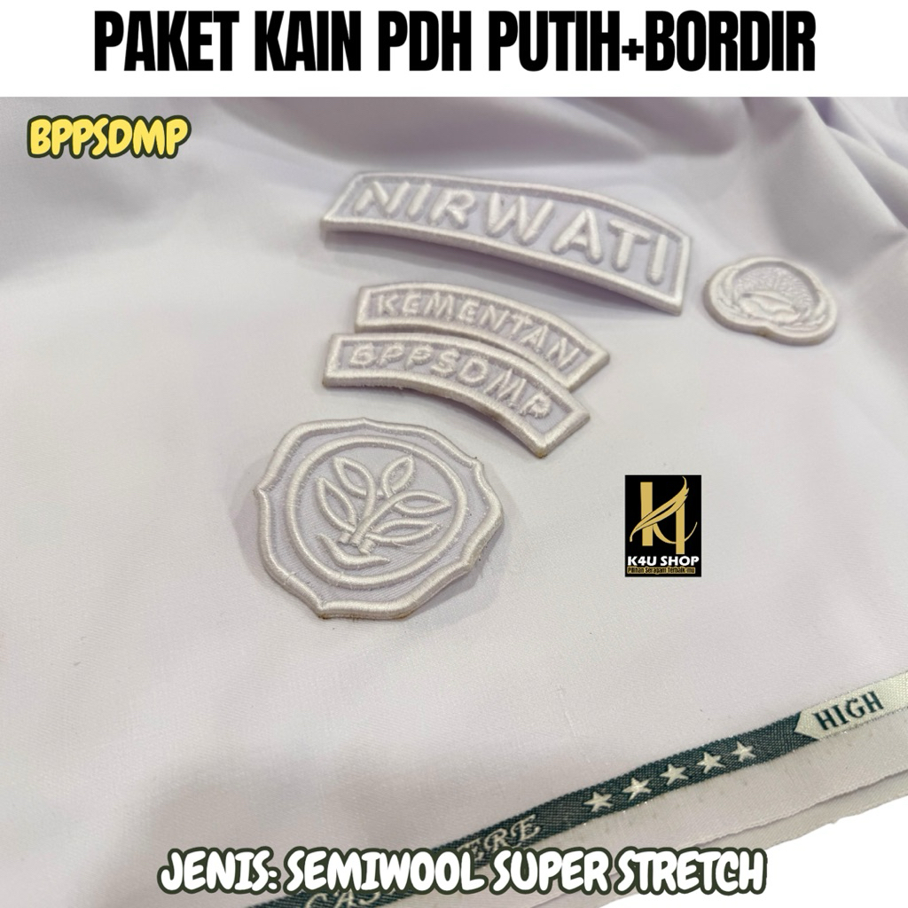 Paket Kain PDH Putih+Bordir Timbul Exclusive