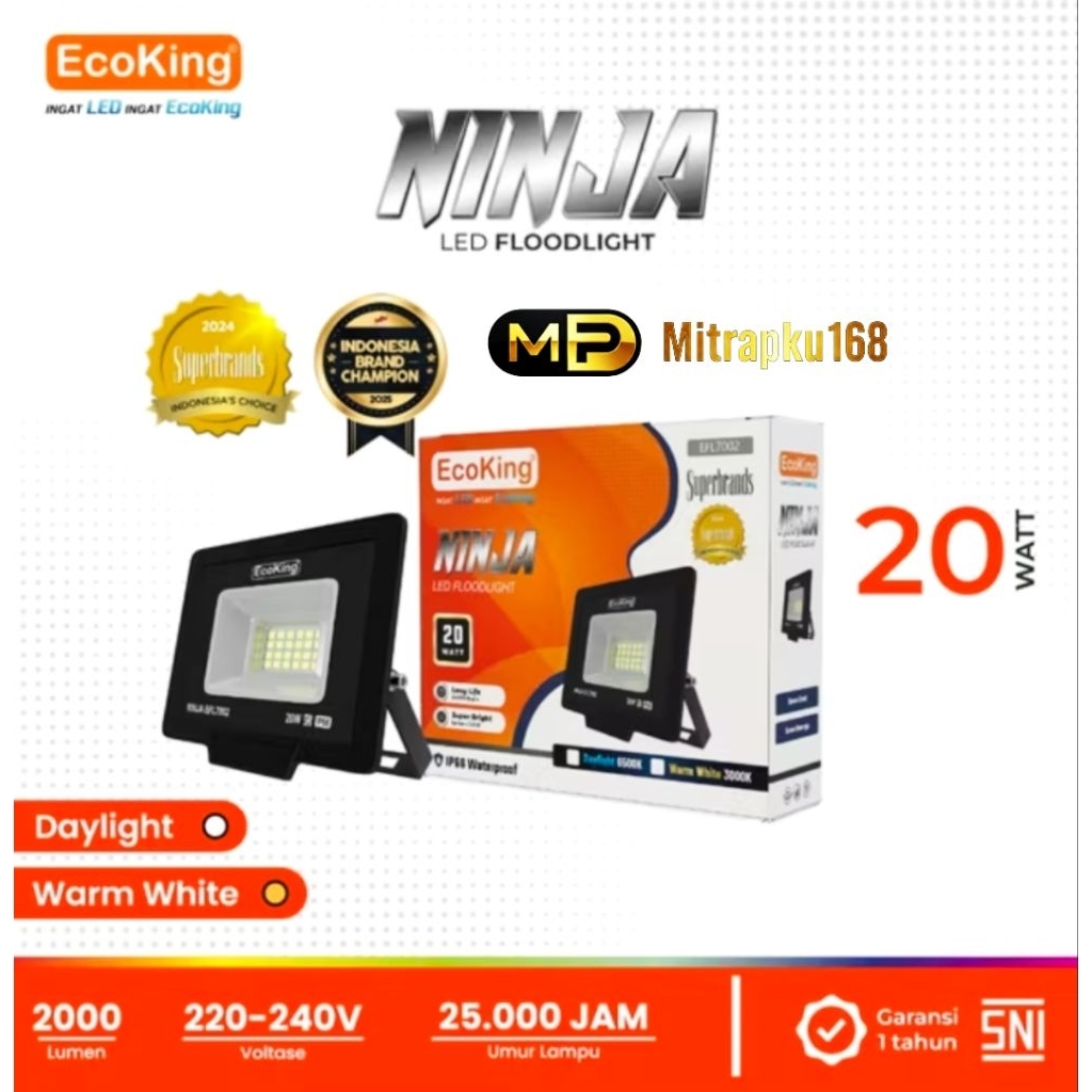 Lampu Sorot LED ECOKING Ninja 20 Watt Cahaya Putih IP66 WaterProoff / Flood Light