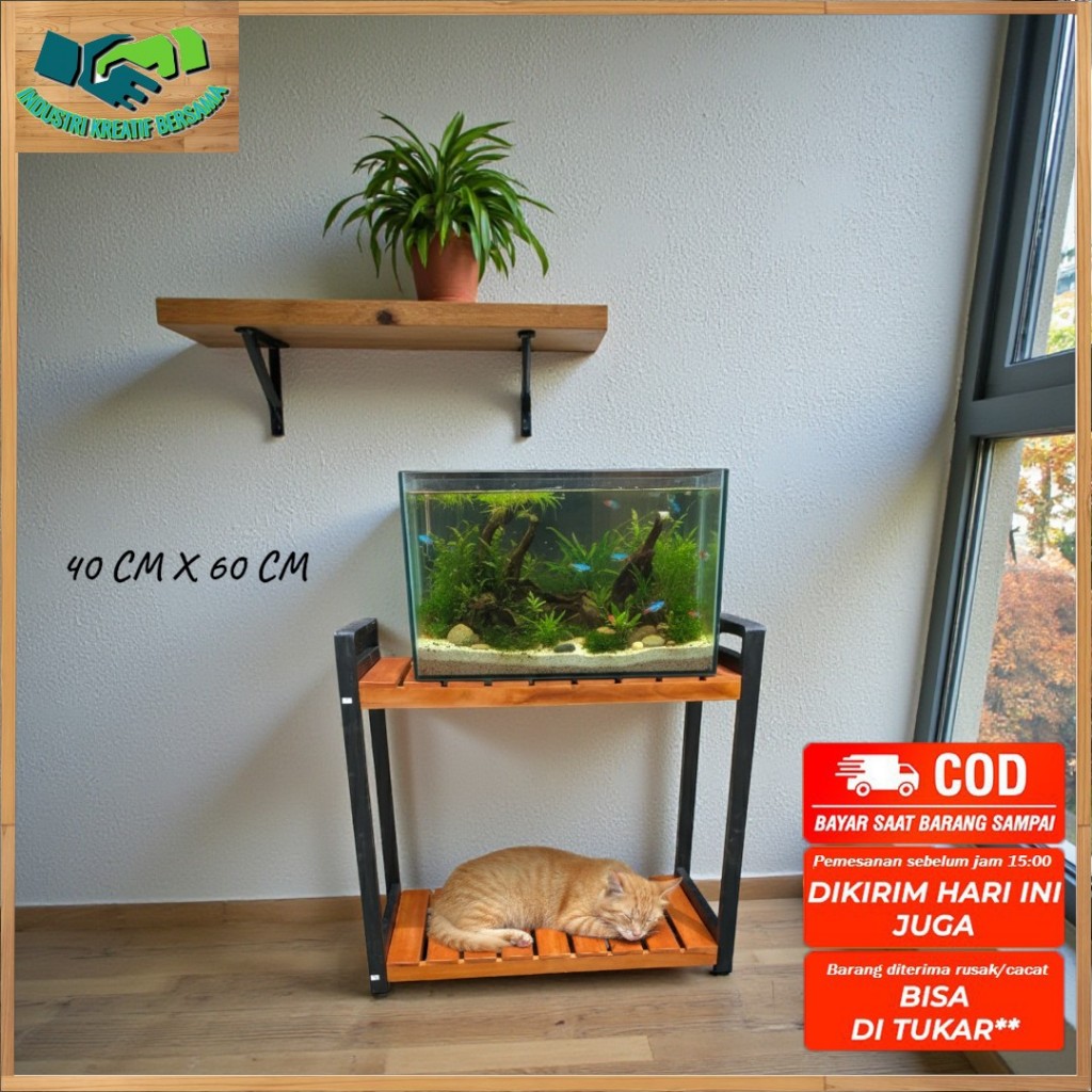 Rak Aquarium 2 Susun Tingkat Ukuran 40 x 60 Bahan Kayu Mahoni Finishing Cat Kayu/Plitur