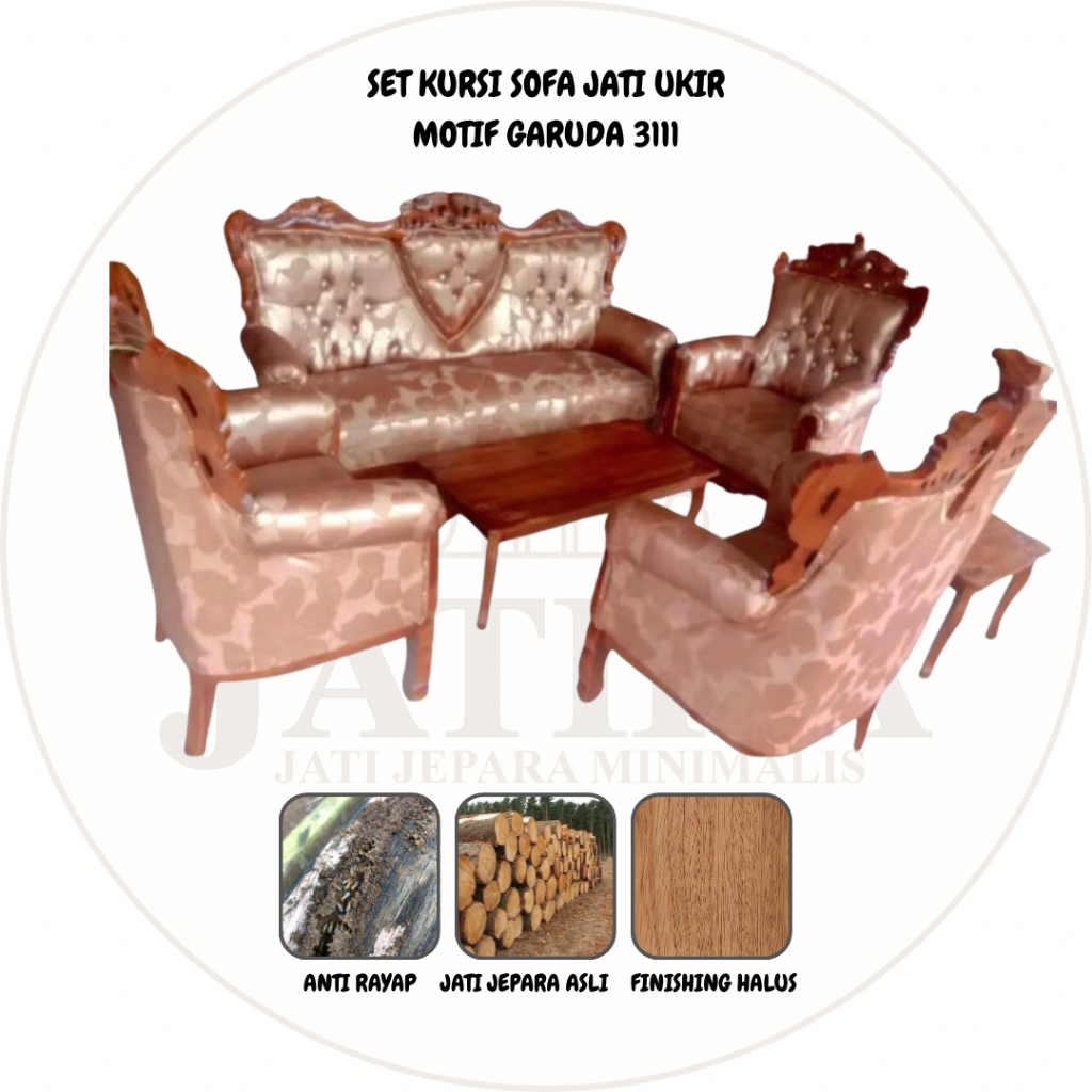Kursi Tamu Jati Ukir Motif Garuda Kulit Sintetis + Meja + Sofa Set | Kursi Sofa Jati Garuda Murah Pa