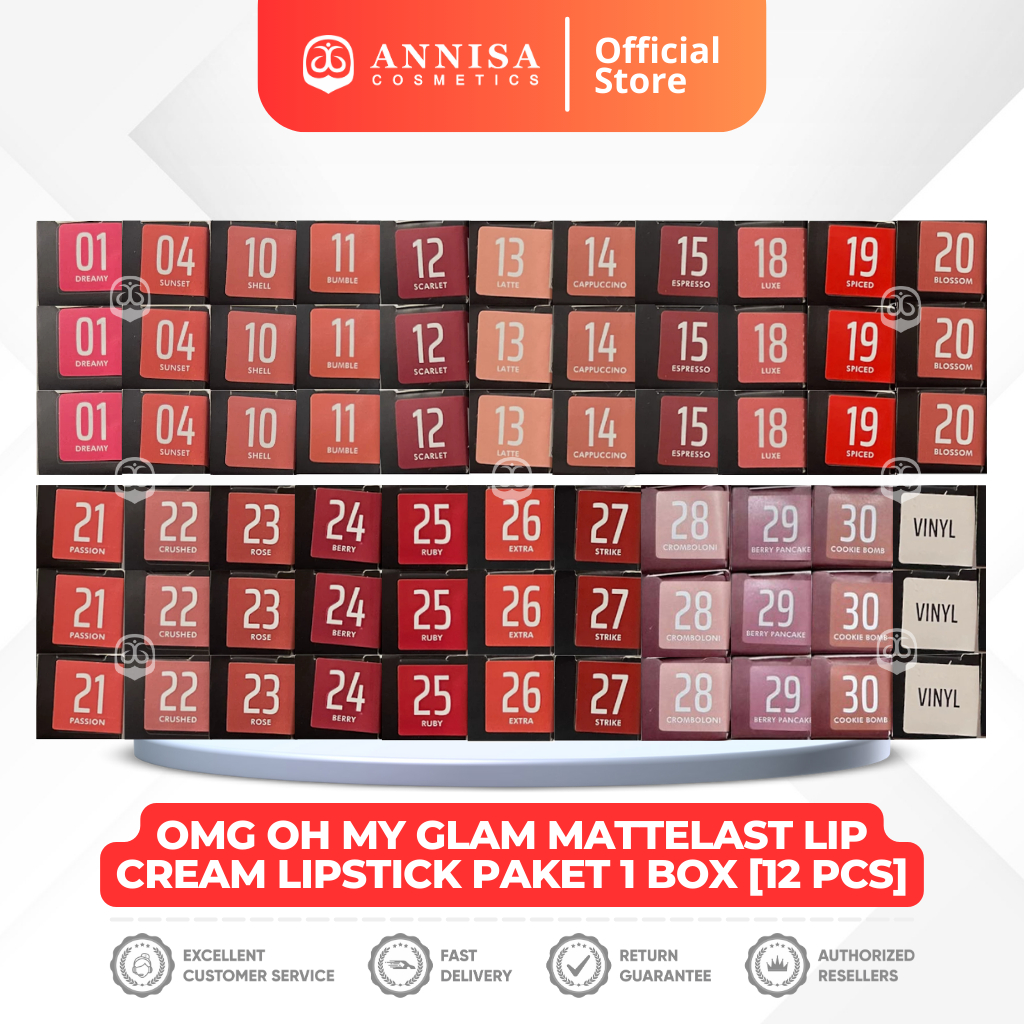 OMG Oh My Glam Mattelast Lip Cream/Lipstick Paket 1 Box Isi 12 PCS | Tahan Lama/Lusin (OMG LUSINAN)