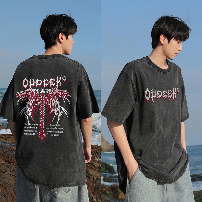 PUERTO Kaos Distro Pria Washed Tshirt Vintage Oversize Gaya gelap Kerangka Sayap Baju Cowok Keren Ke