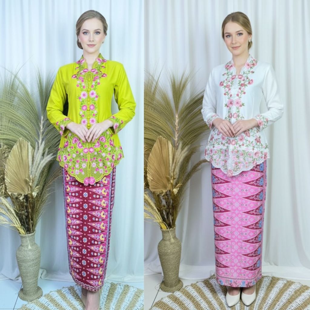 Setelan Kebaya Encim Bordir Bunga/Kebaya Set Rok Batik Tumpal Putih Modern