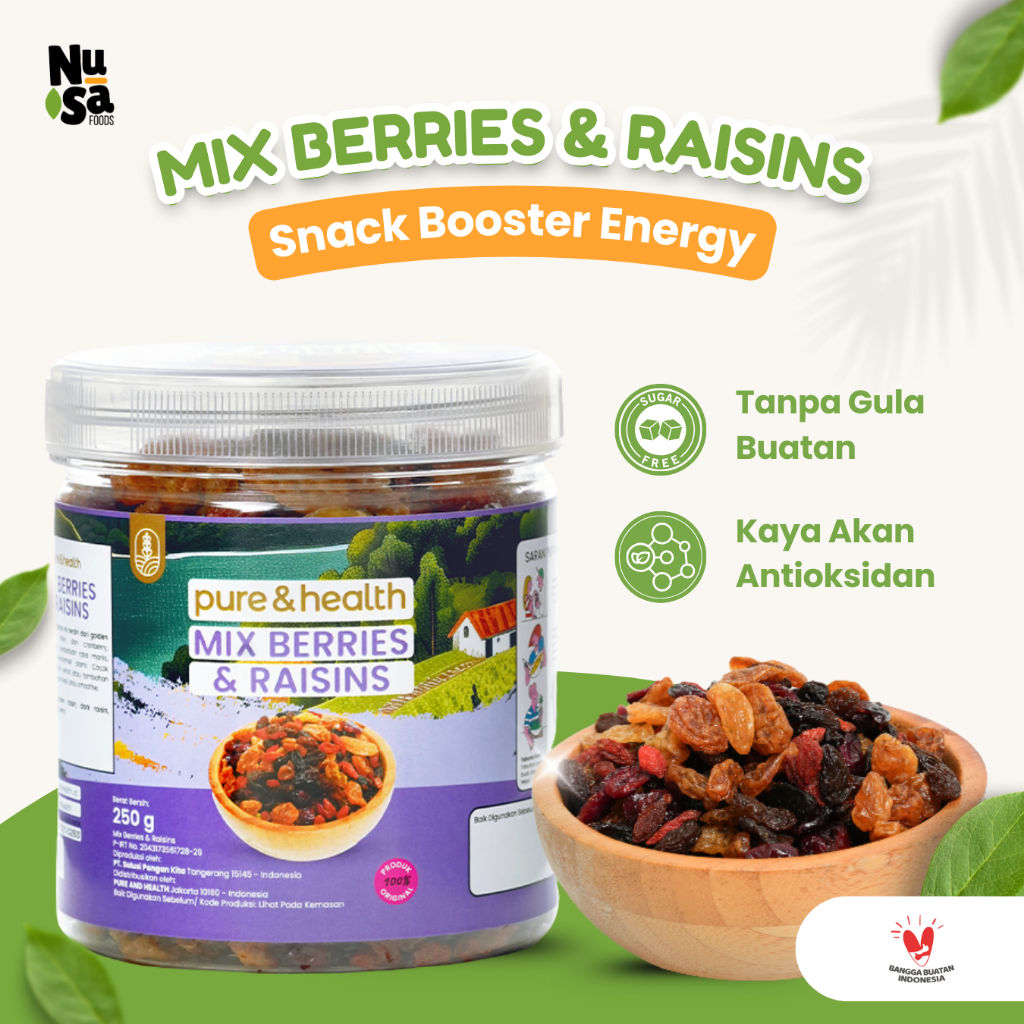 Mix Berries & Raisins 250 Gram Cemilan Sehat Snack Cranberry Goji Berry Pure and Health