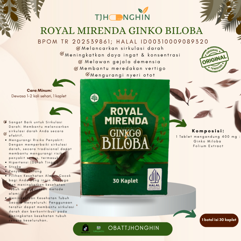 Royal Mirenda Ginkgo Biloba - 30 Tablet Membantu Melancarkan Sirkulasi Darah & Meningkatkan Kesehata
