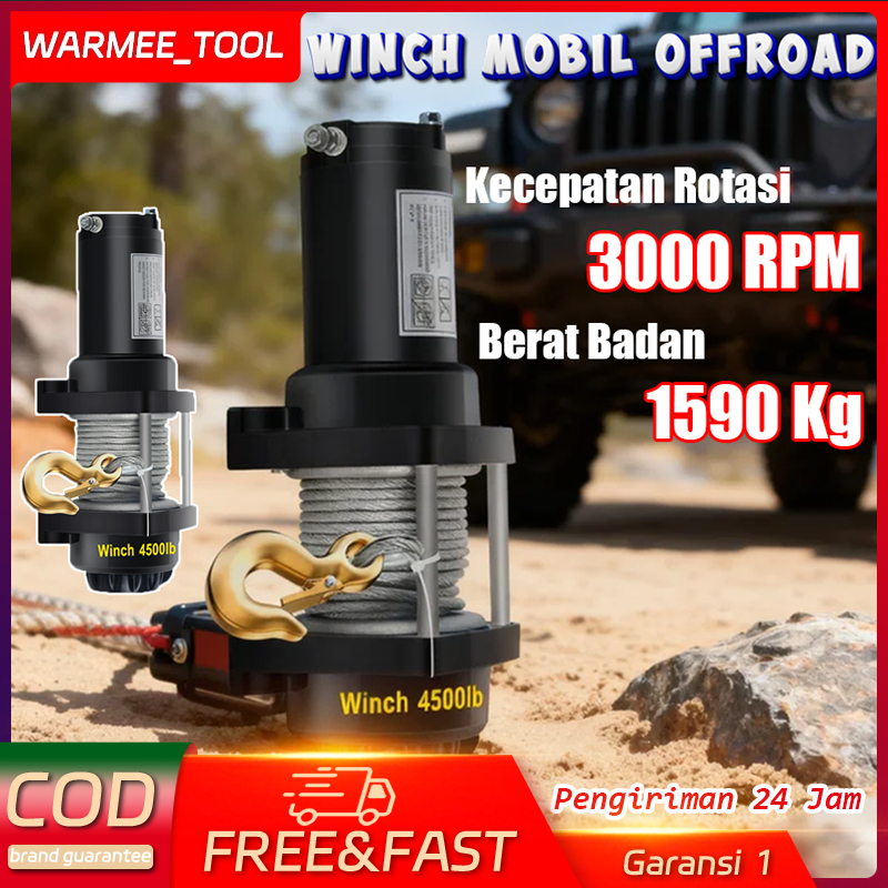 WARMEE Winch Mobil Offroad 4500lbs Wire Rope Winch Hoist 12V Electric Hoist Winch Dalam dan Luar